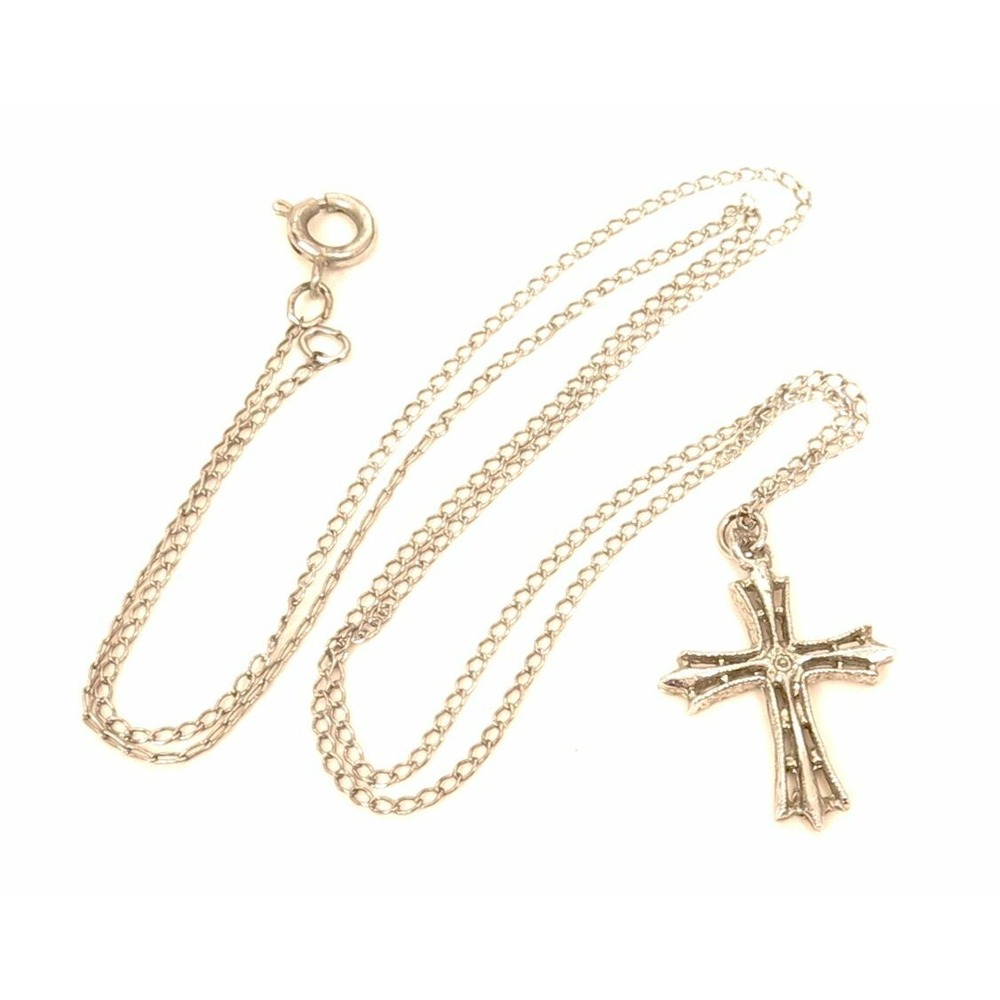 Delicate Silver Tone Chain Vintage‎ Small Filigree Religious Cross Necklace*18"